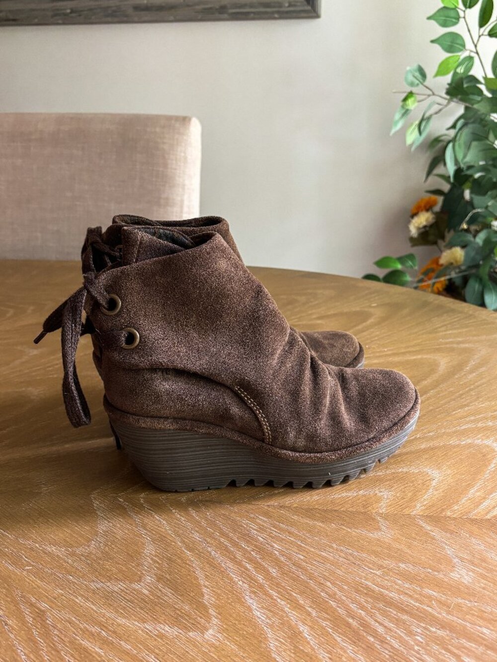 Fly London Yama Wedge Suede Ankle Booties Size 37 Brown